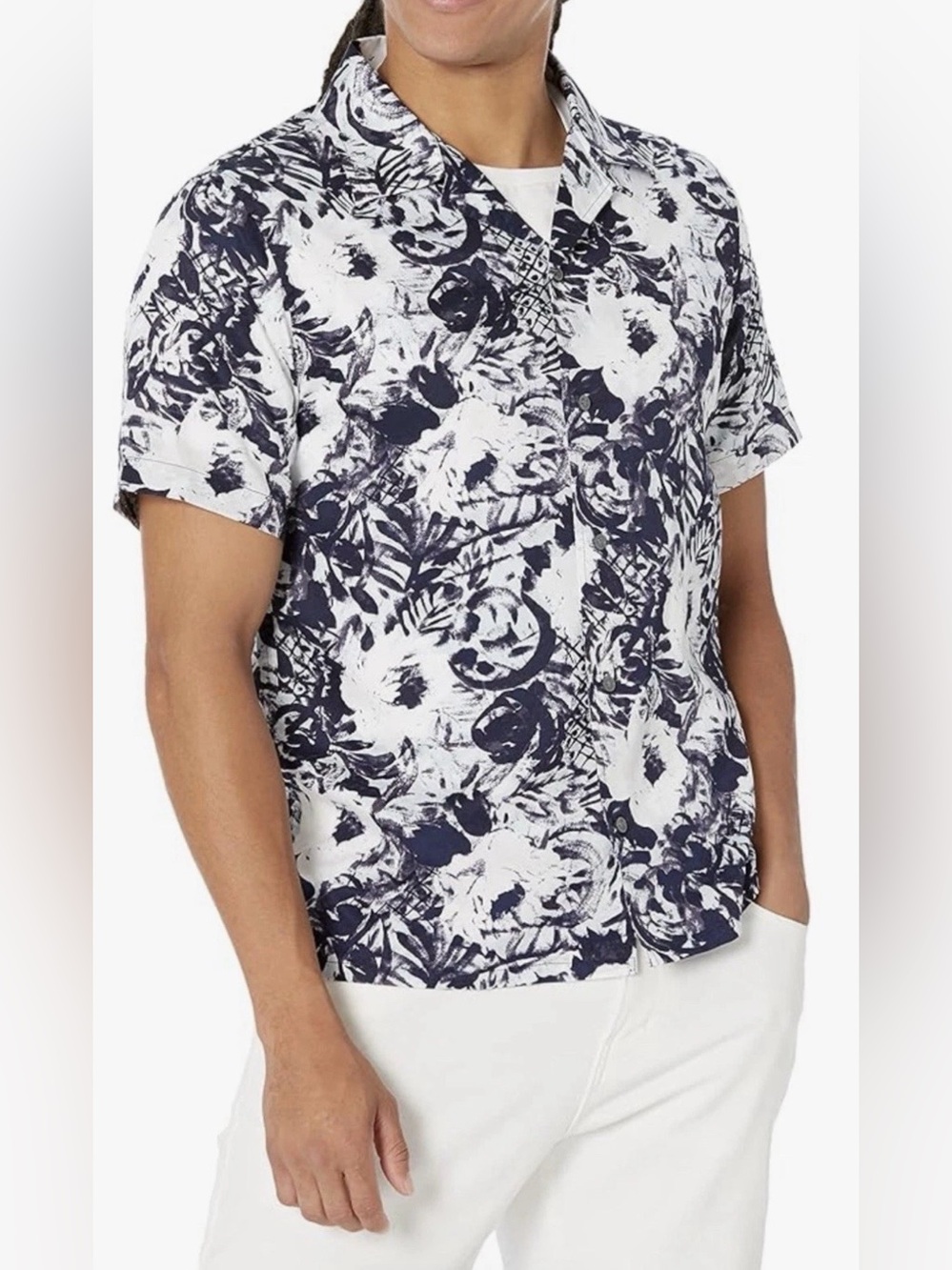 NWT John Varvatos Shirt S White Floral Men's Danny Camp Short Sleeve Button Up